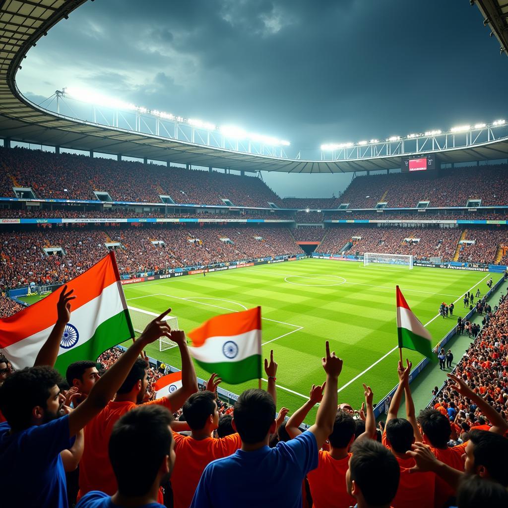 Football fans cheering in a stadium in India