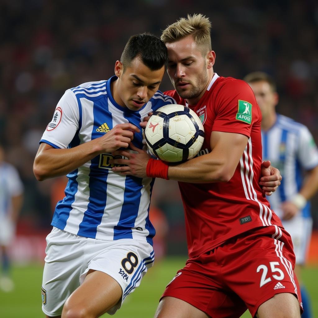 Two football players battling for possession in midfield during a live game.