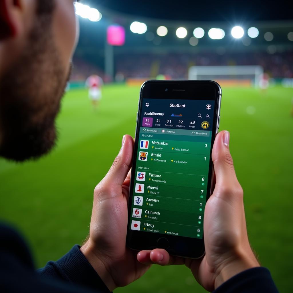 Live score updates on a mobile phone during a 2021 football match