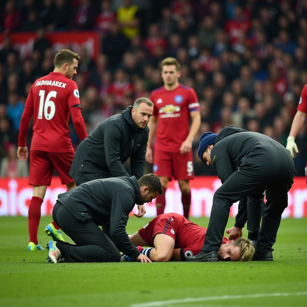 Football player receiving medical attention on the field after collapsing during a live match.