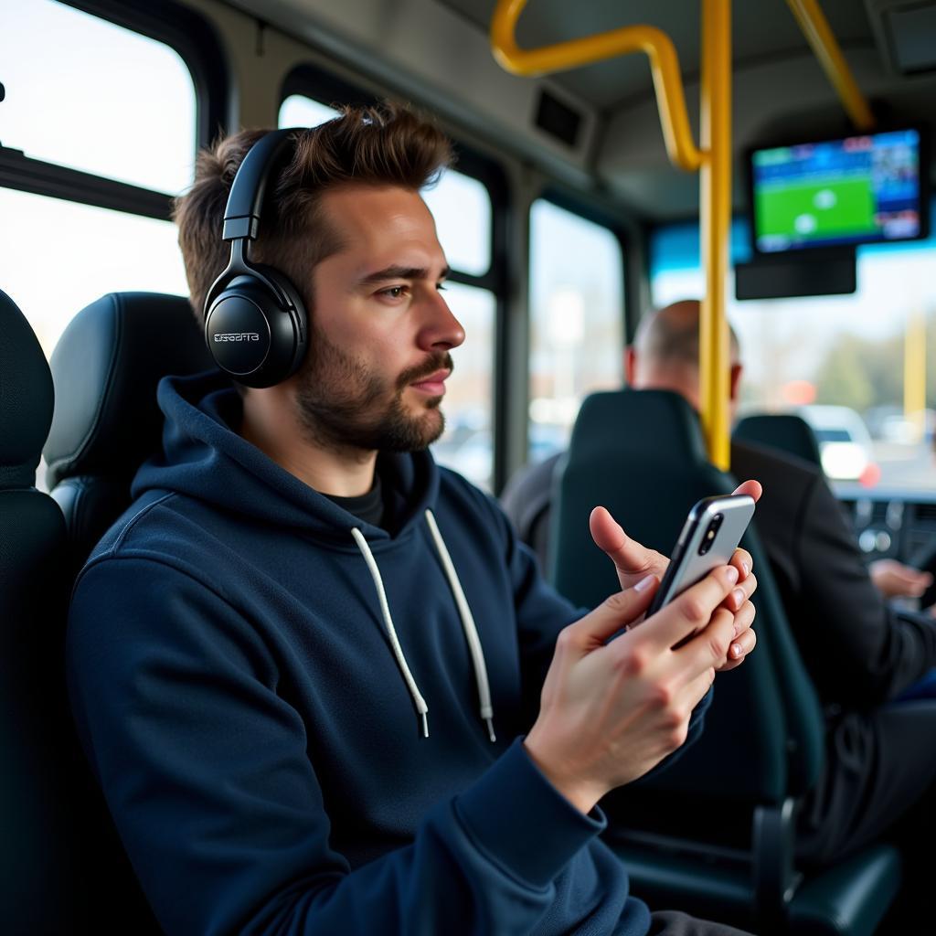 Man listening to football radio live on his phone while commuting.