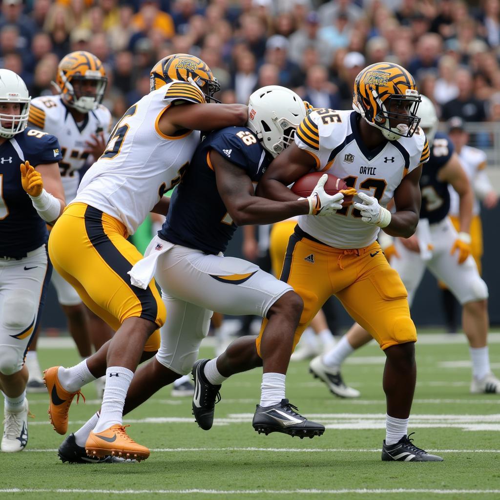 Fort Hays State Tigers football team in action during a game, showcasing their dynamic plays and teamwork.