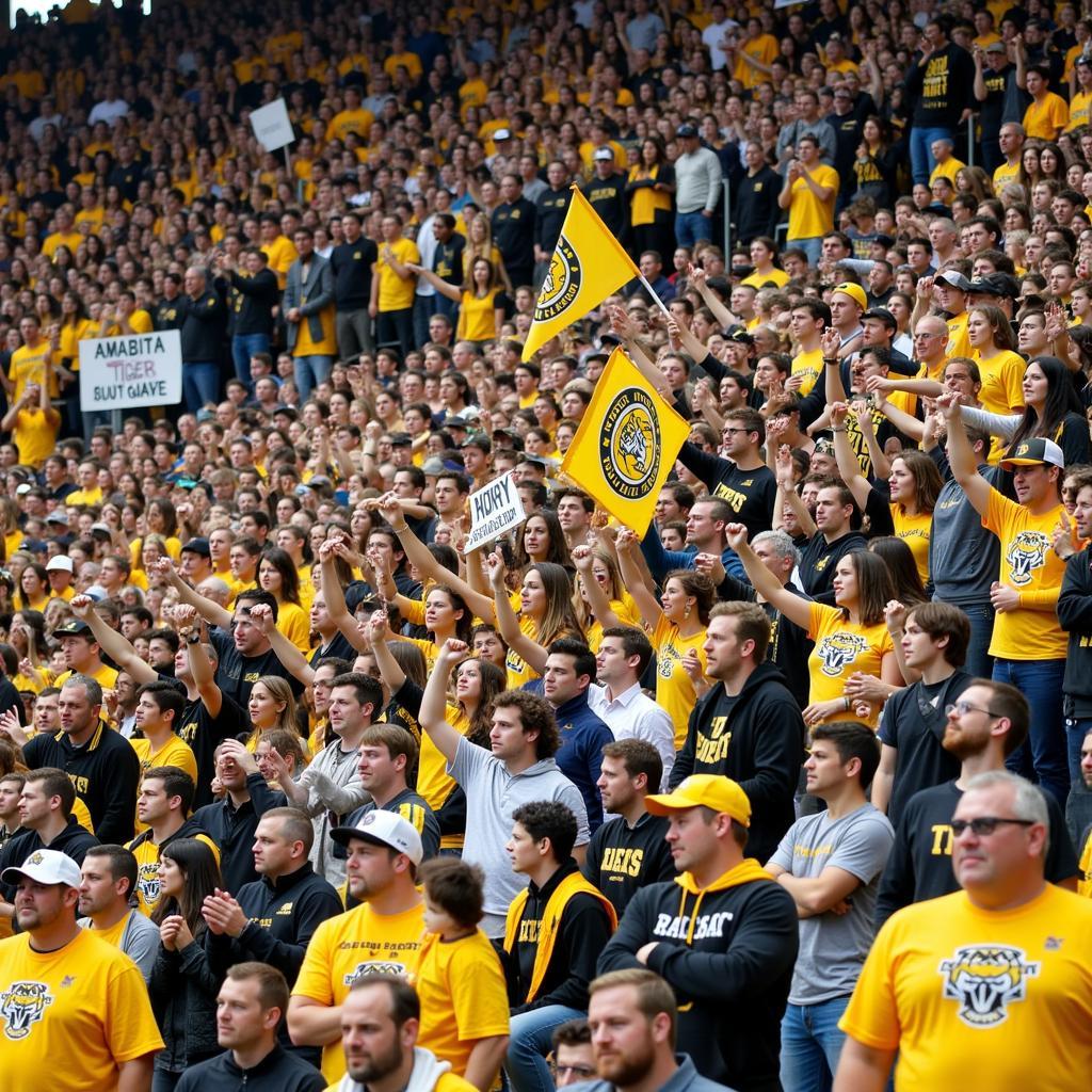 Fort Hays State Tigers football fans cheering enthusiastically in the stands during a home game.