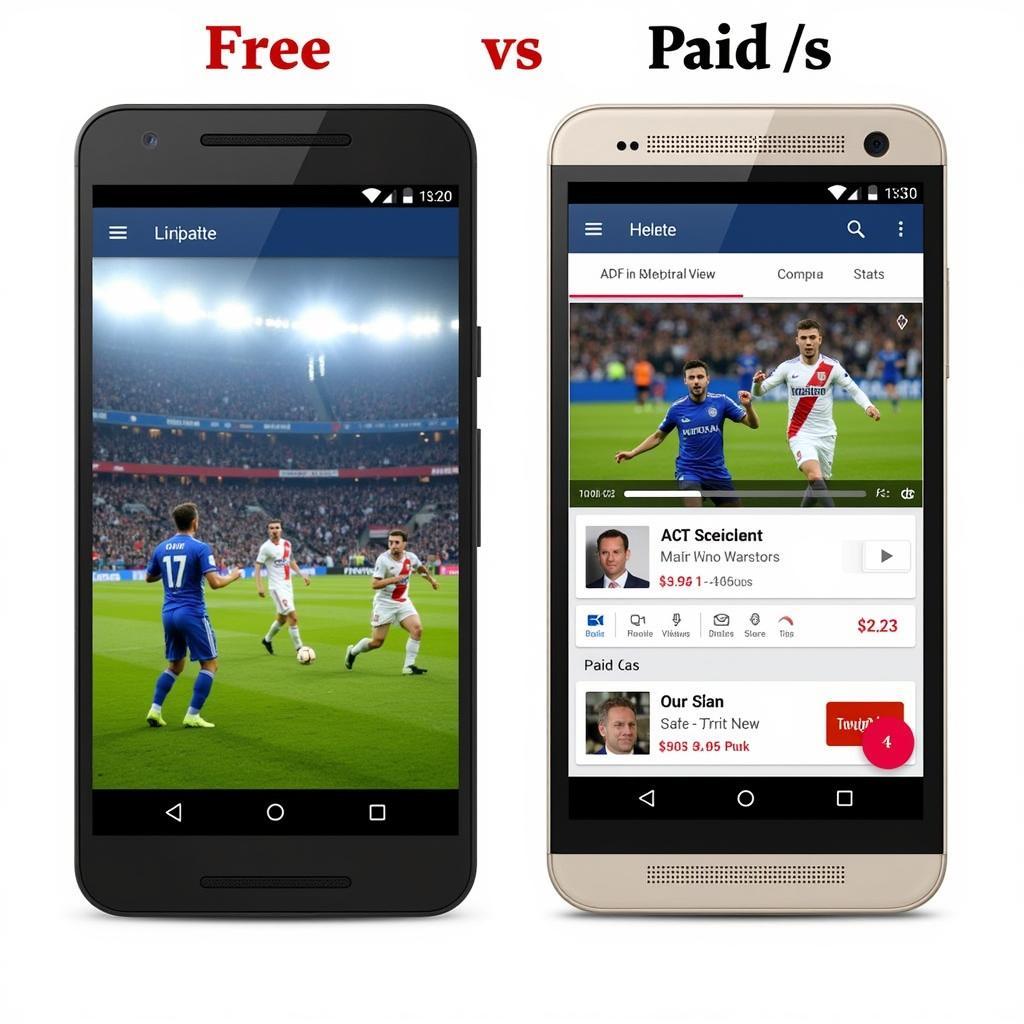 Comparison of free and paid football streaming apps on an Android phone