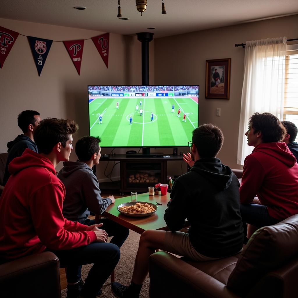 Friends enjoying college football game live stream on TV