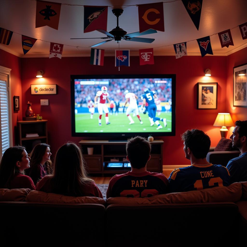 Friends gathered to watch the football playoffs on a large screen TV.