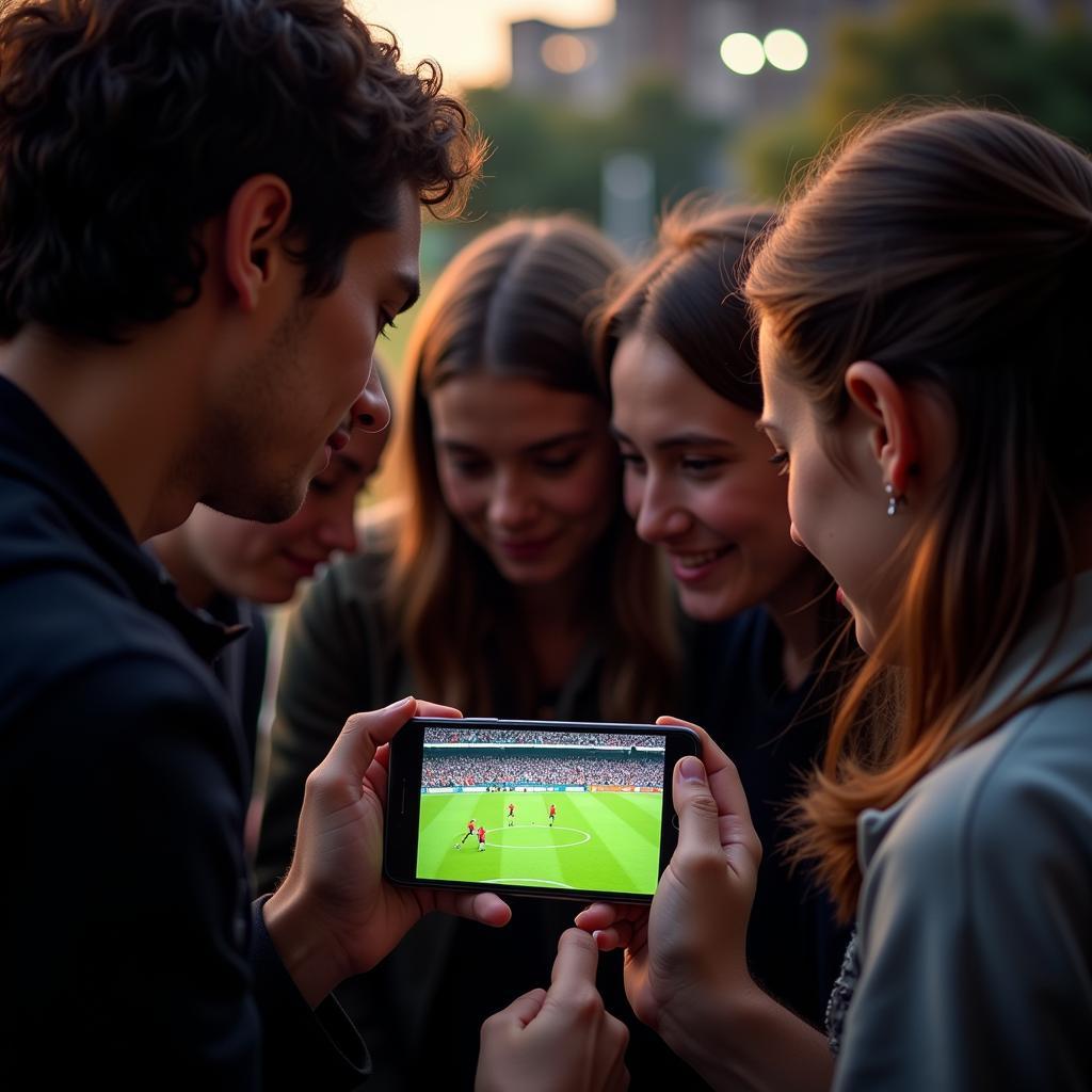 Friends watching football together on an iPhone