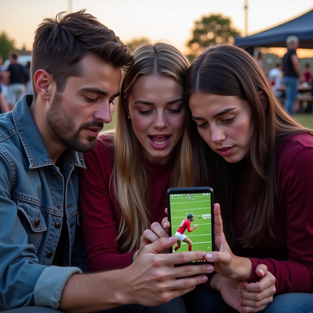 Friends huddled together watching a live college football game on a smartphone