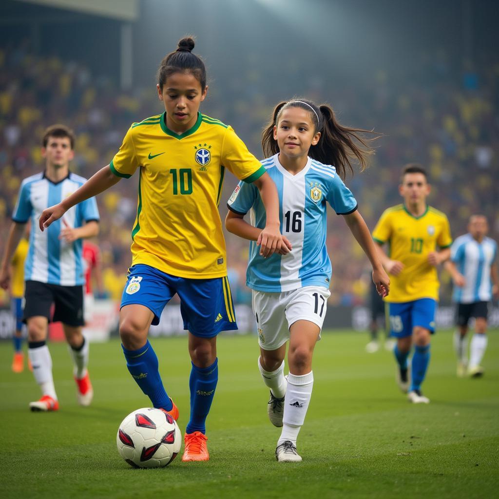 Young Brazilian and Argentinian players symbolizing the future of the rivalry.