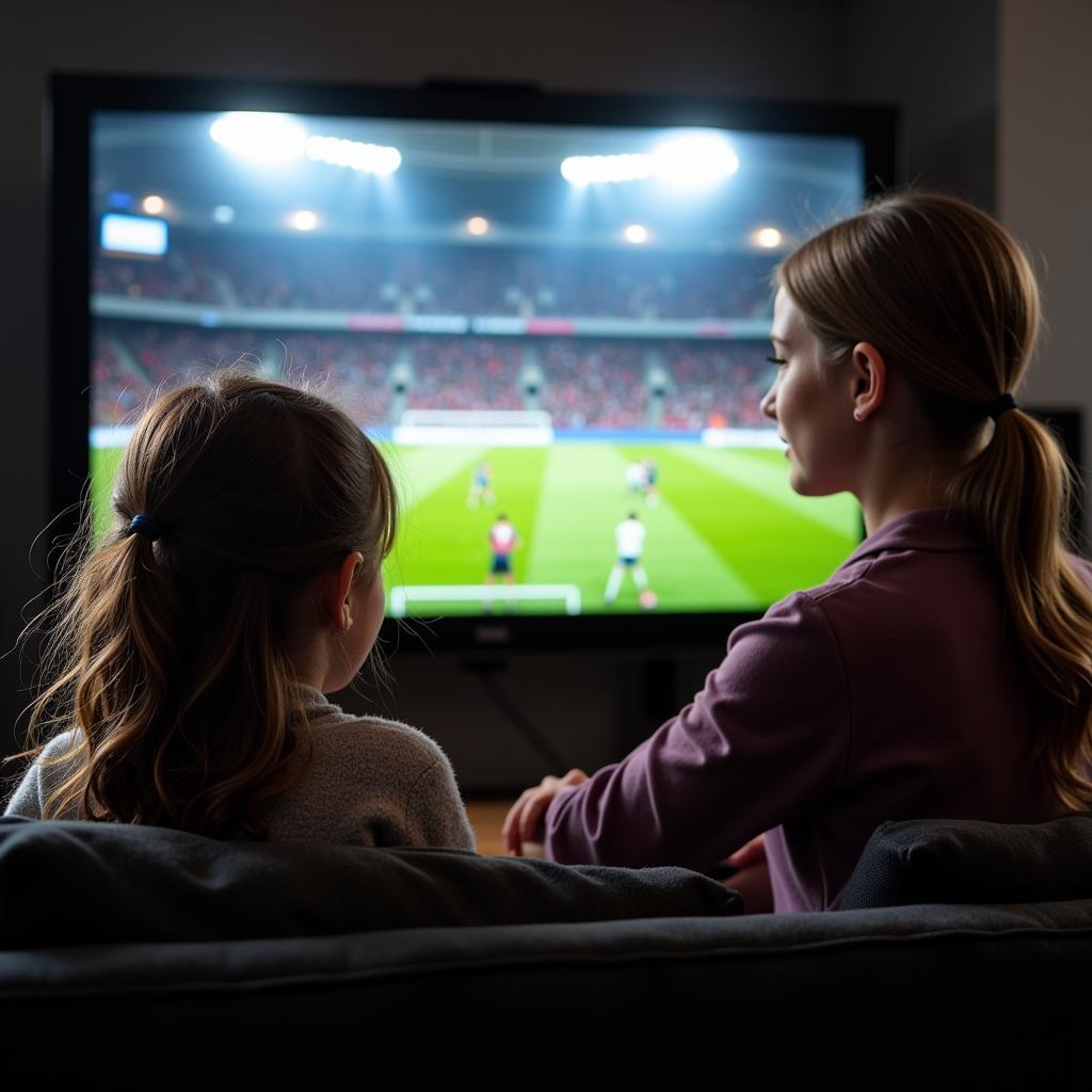 A young girl watching a female football commentator on television, inspired by her presence in the sports broadcasting field.