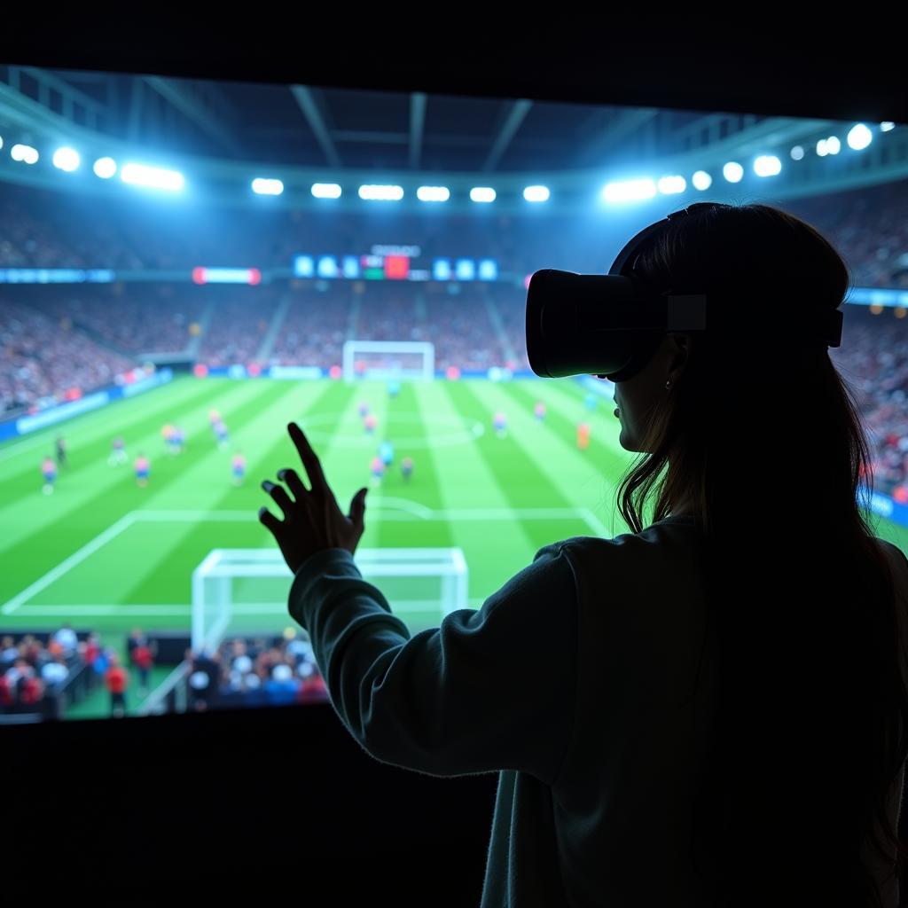 A person wearing a VR headset watching football in a virtual stadium.