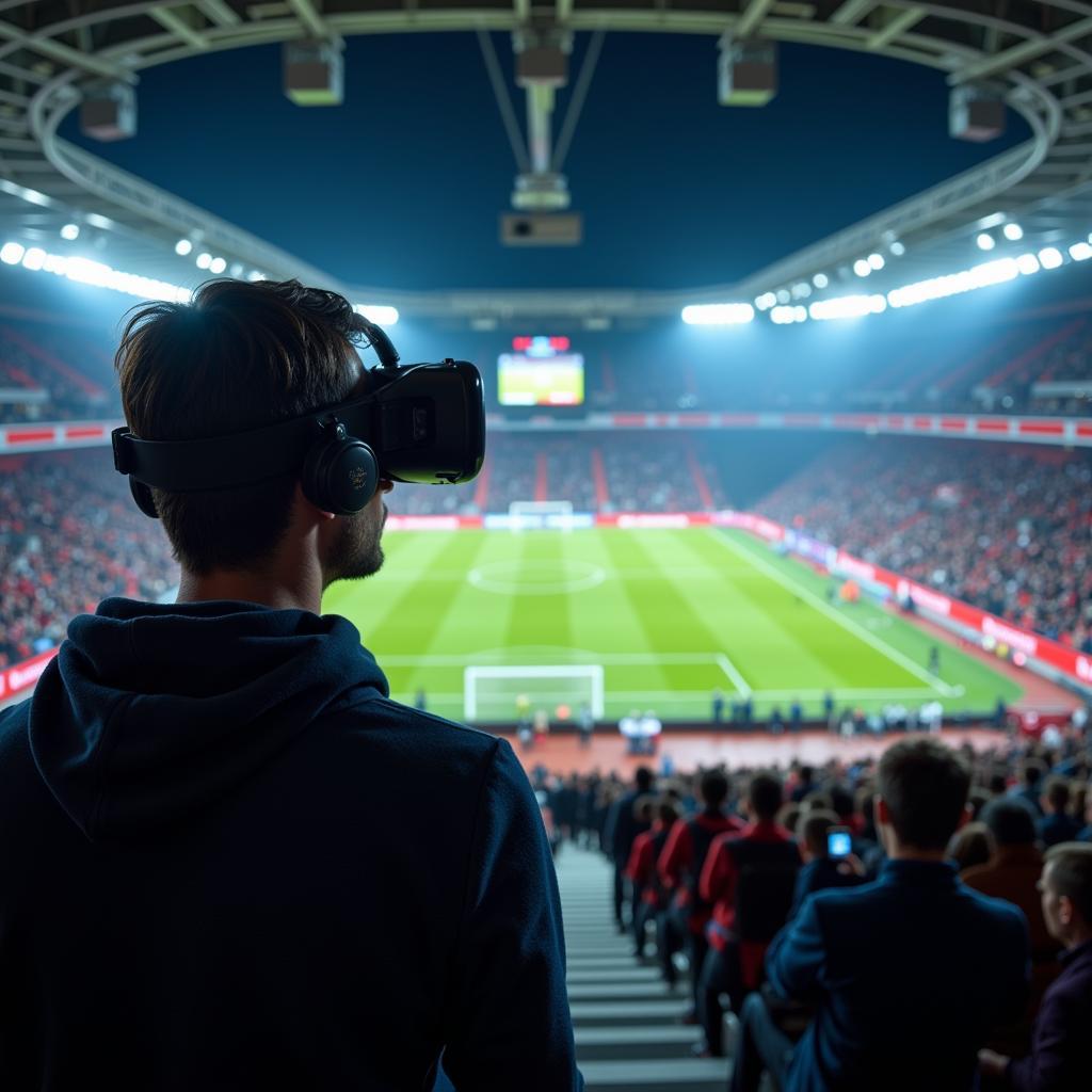 A person wearing a VR headset watching a football match