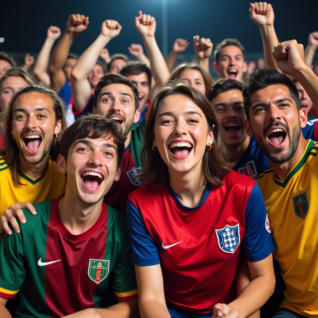 Diverse group of football fans celebrating a goal.