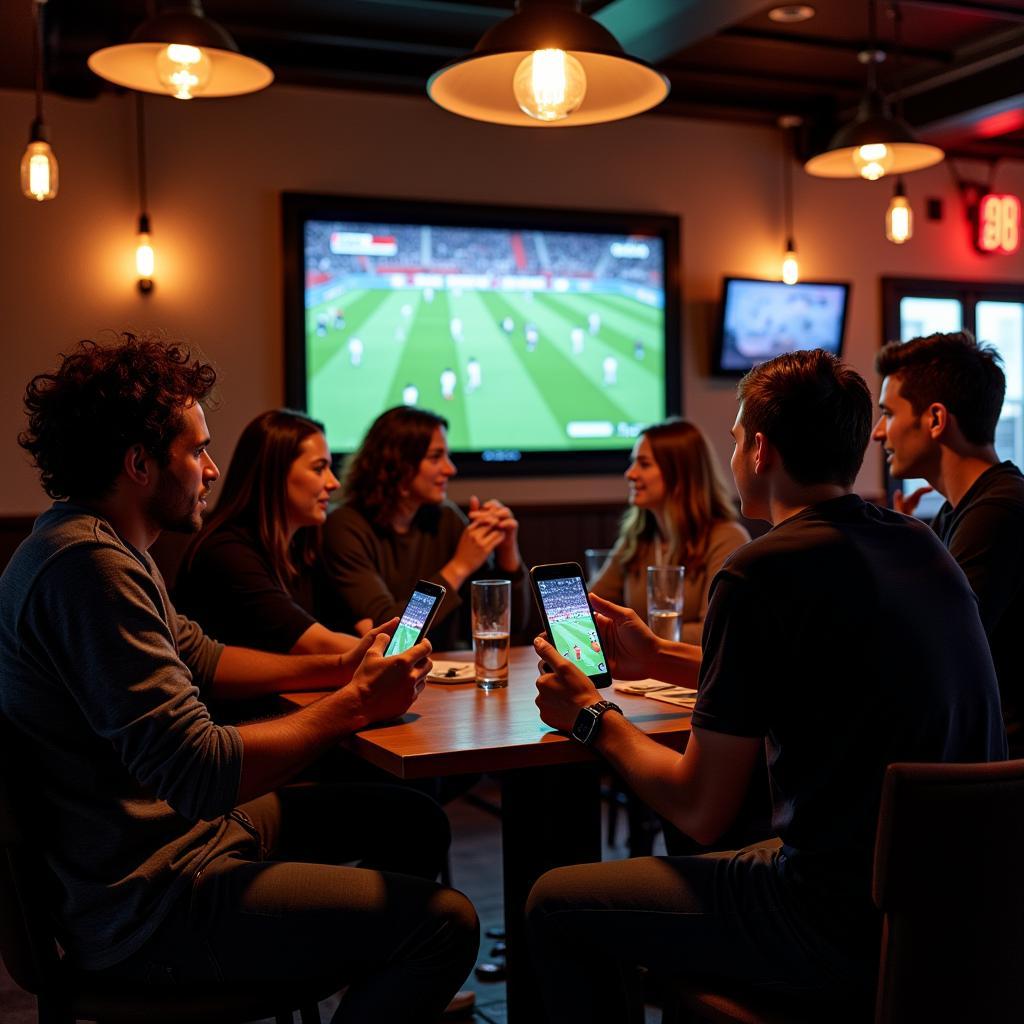 A group of friends discussing football results while watching a game at a sports bar.