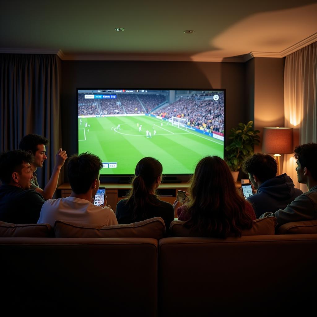 Group of Friends Watching Football on TV and Checking Live Scores on Their Phones