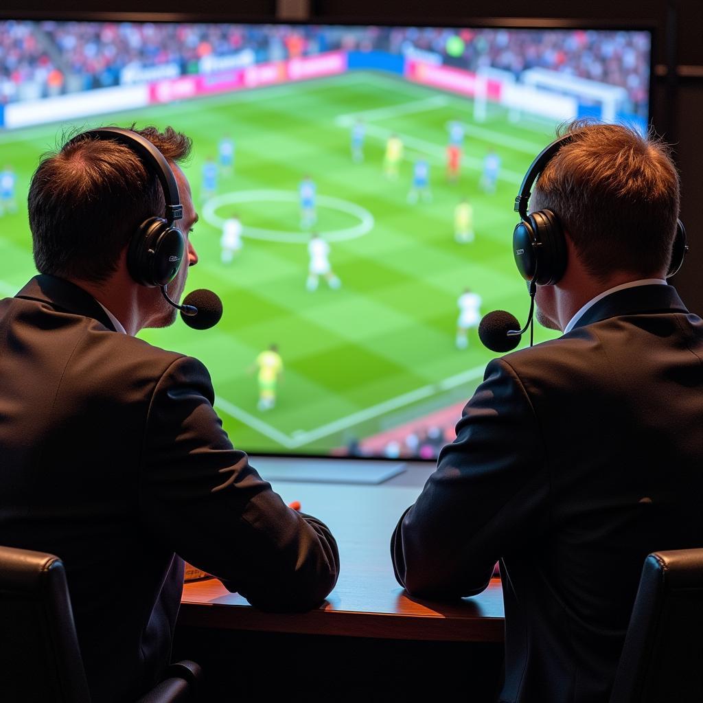 International football commentators in a broadcast booth.