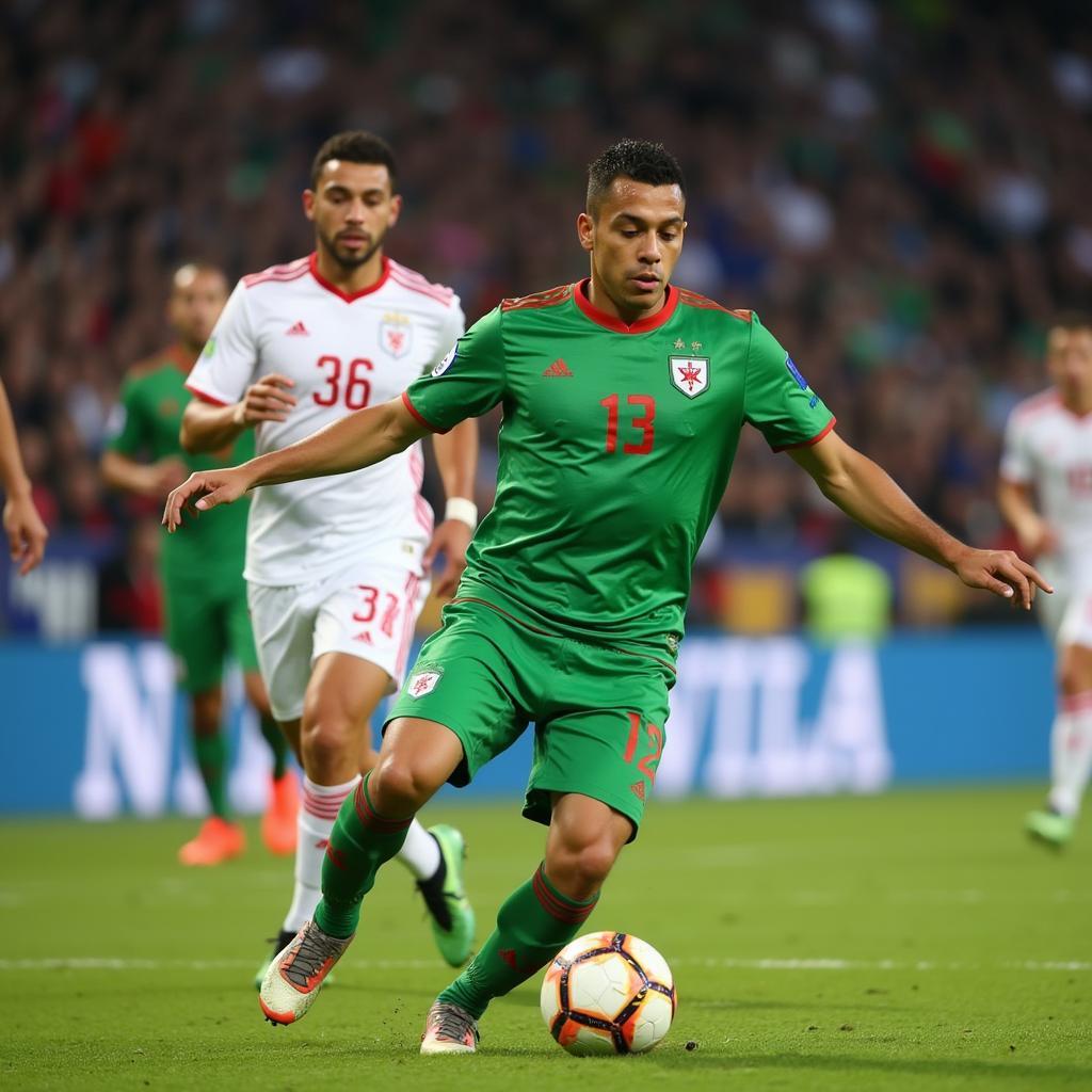 Ismaël Bennacer representing the Algeria national team in a live football match.