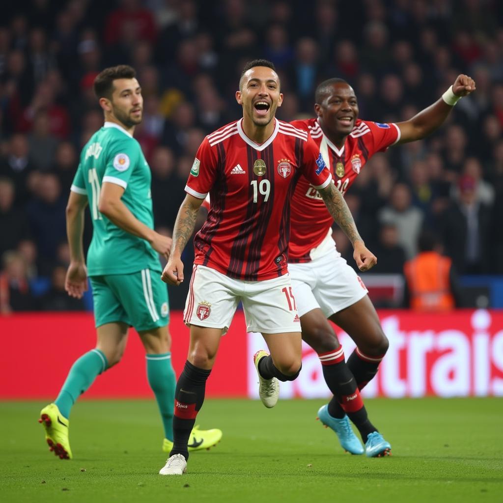 Ismaël Bennacer celebrating a goal in a live football match.