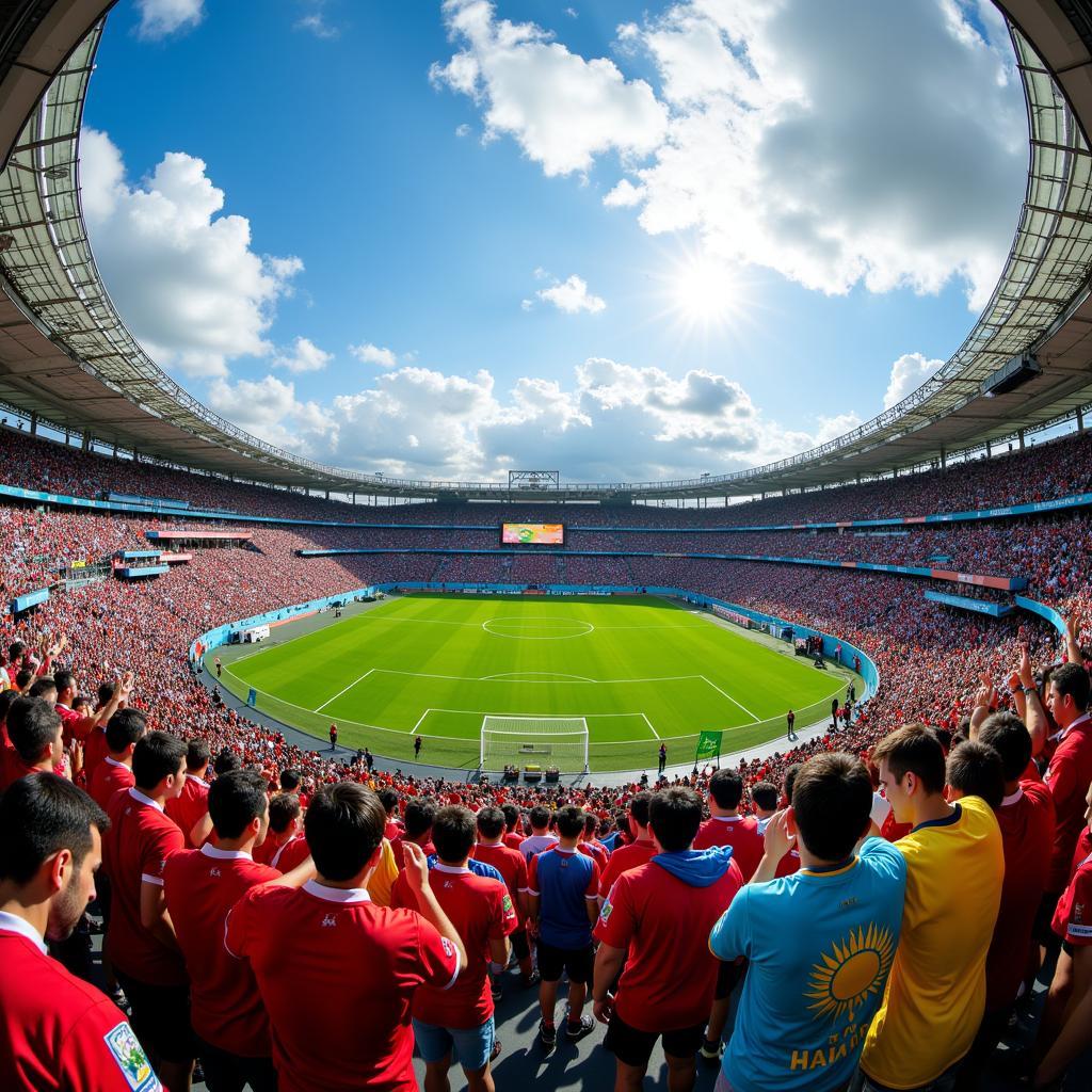 Panoramic view of a Kazakh football stadium during a live match, showcasing the atmosphere and crowd