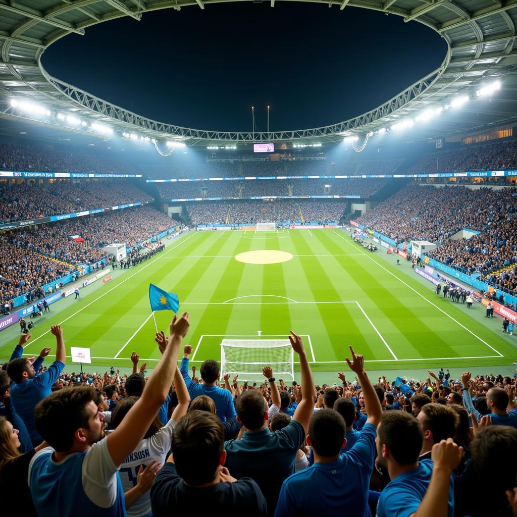 Kazakhstan football fans celebrating a goal during a live match