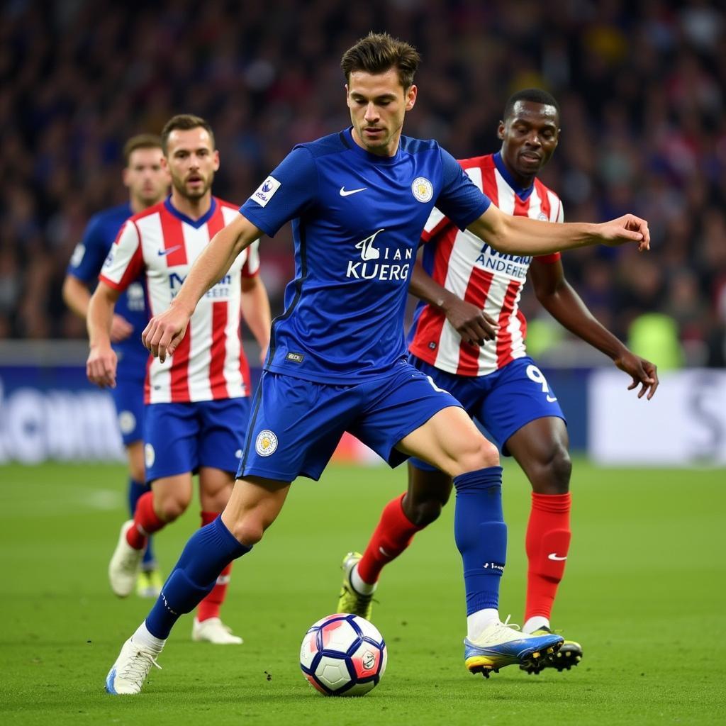 Leicester City players in action against Atletico Madrid in the Champions League quarter-final in April 2017