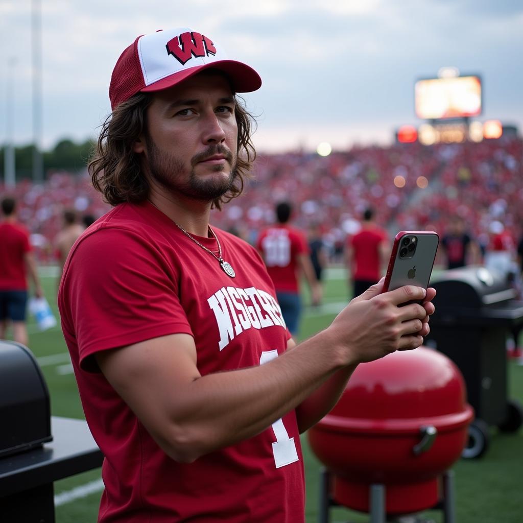 Fan Listening to Badgers Football on Phone