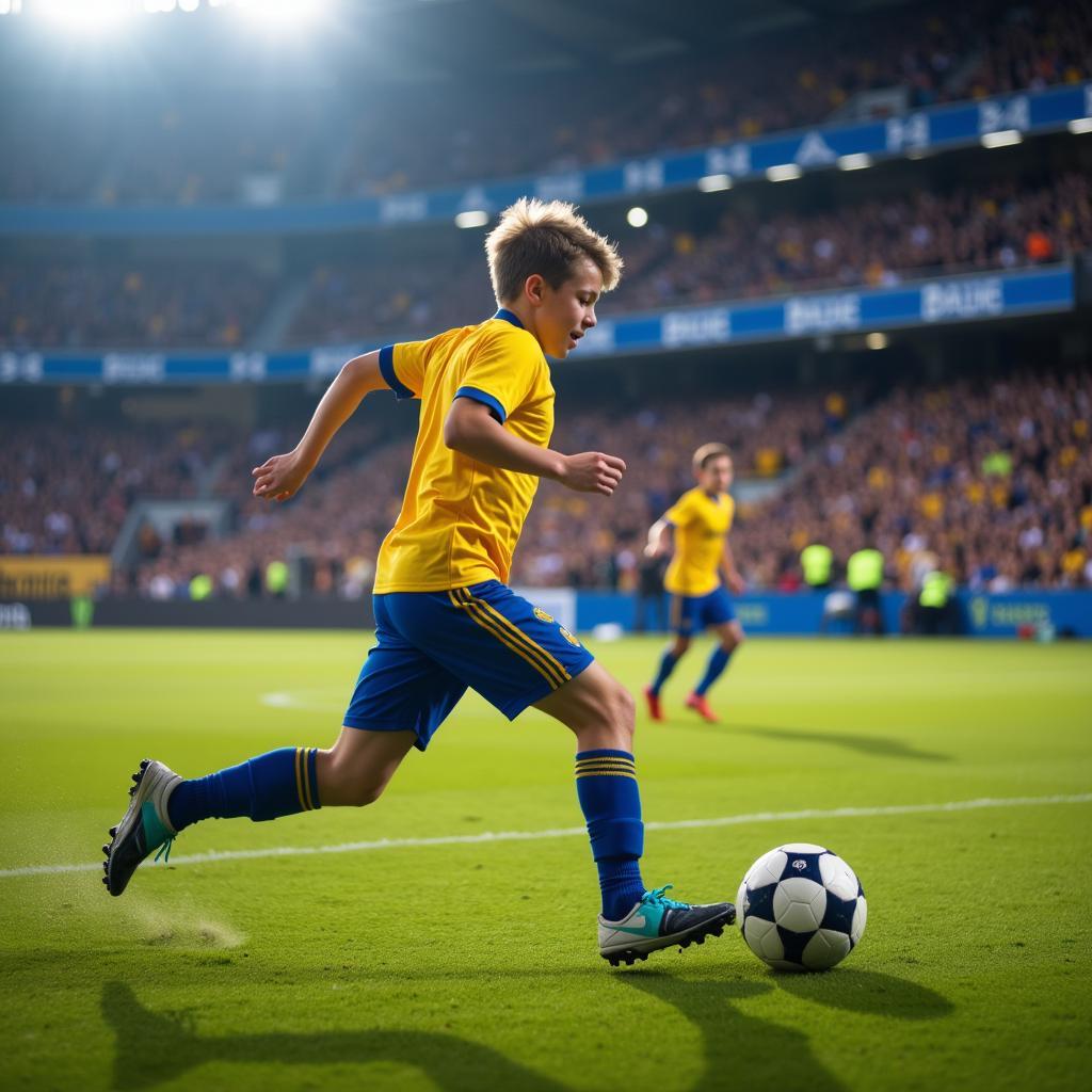 Young players competing in a live football friendly match