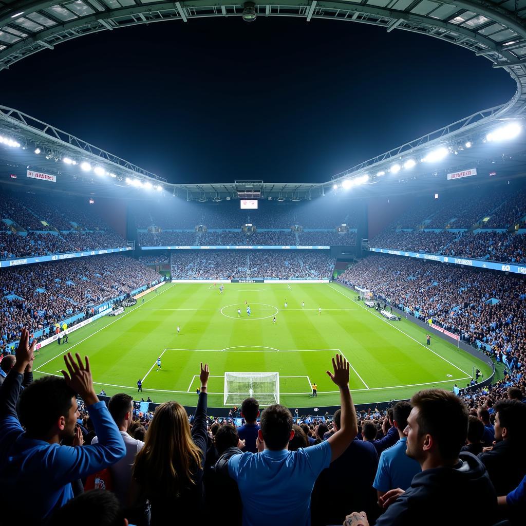 Man City fans at the Etihad Stadium creating a vibrant atmosphere.