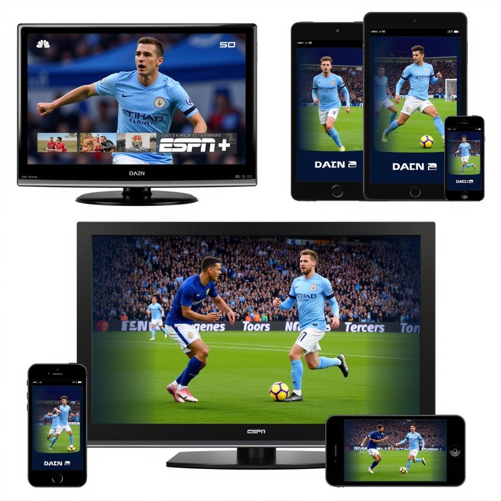 Various streaming platforms showing live football Man City matches.