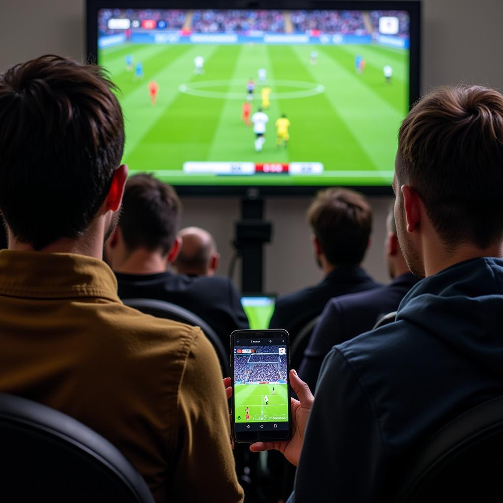 Fans watching live football streaming on their mobile phones.