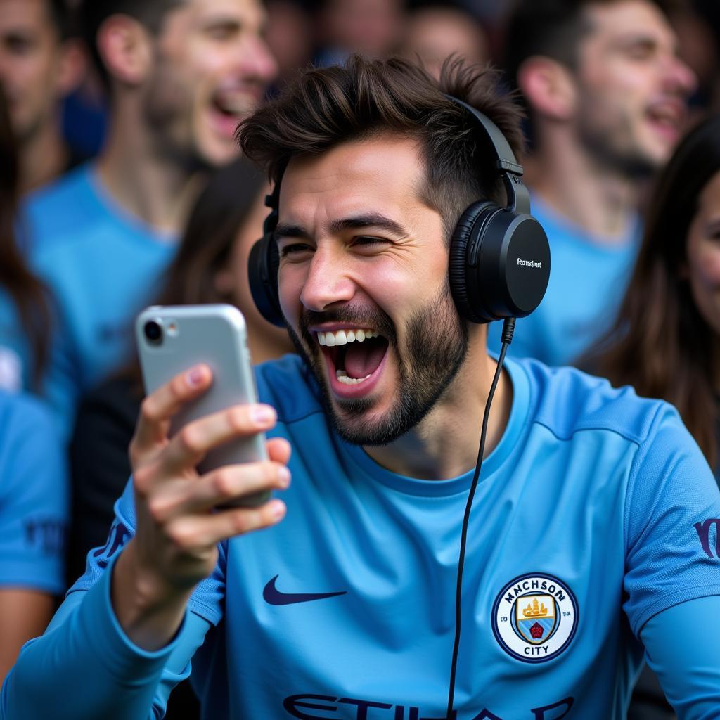 Man City Fan Listening to Live Football Radio