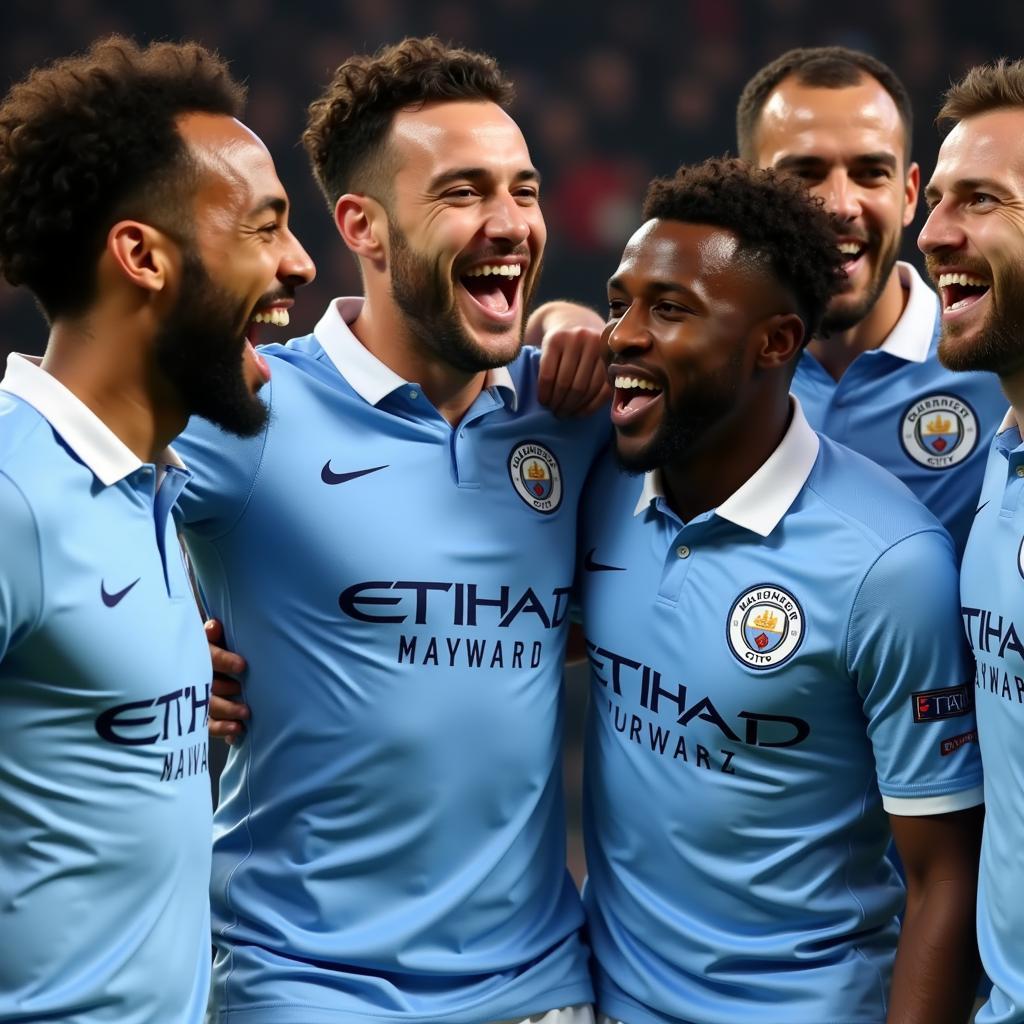 Man City players celebrating a goal, highlighting the team's dynamic and attacking style of play.