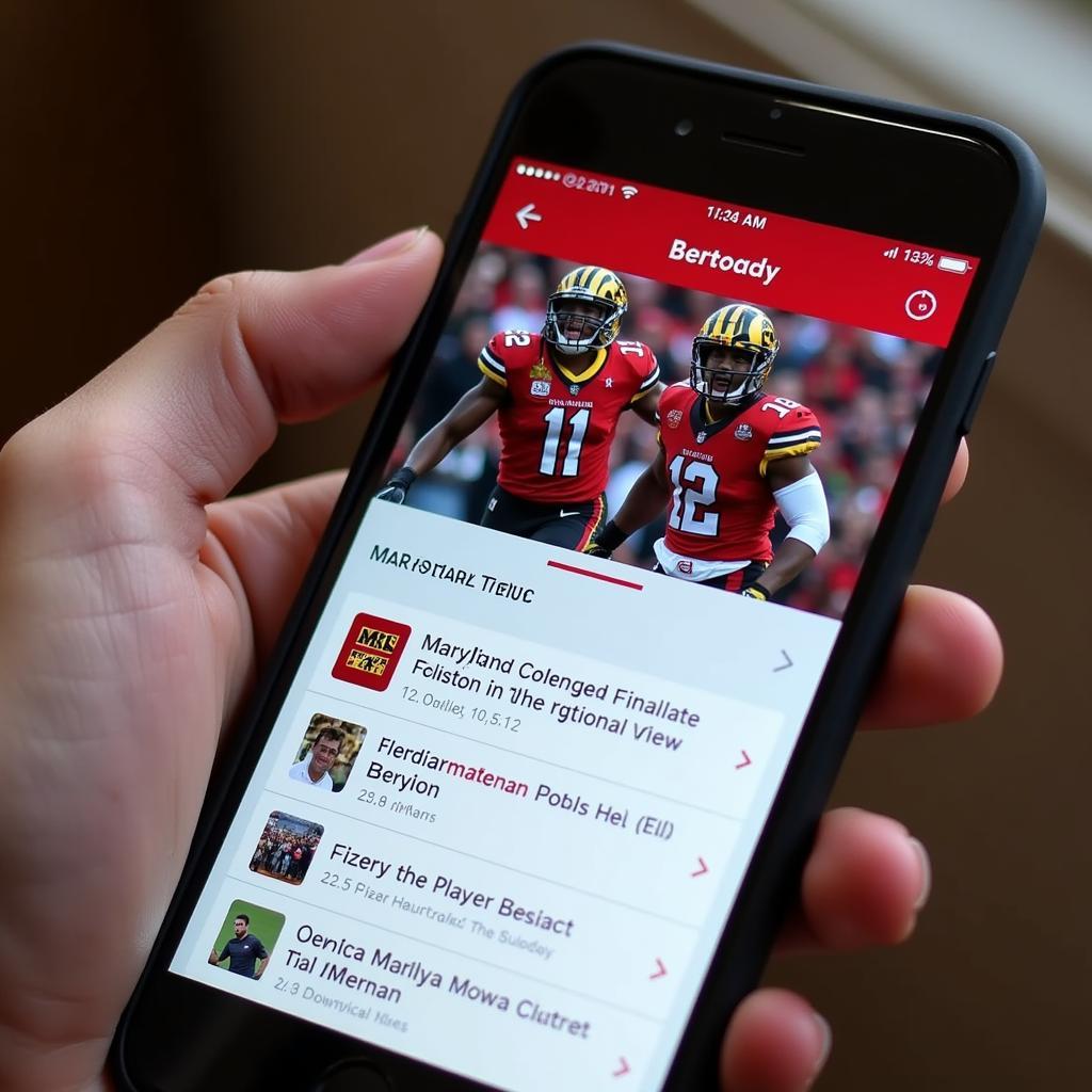 A phone displaying Maryland Terps football news