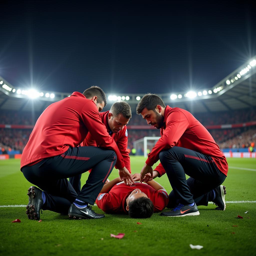 Medical team performing CPR on a collapsed football player during a live broadcast.