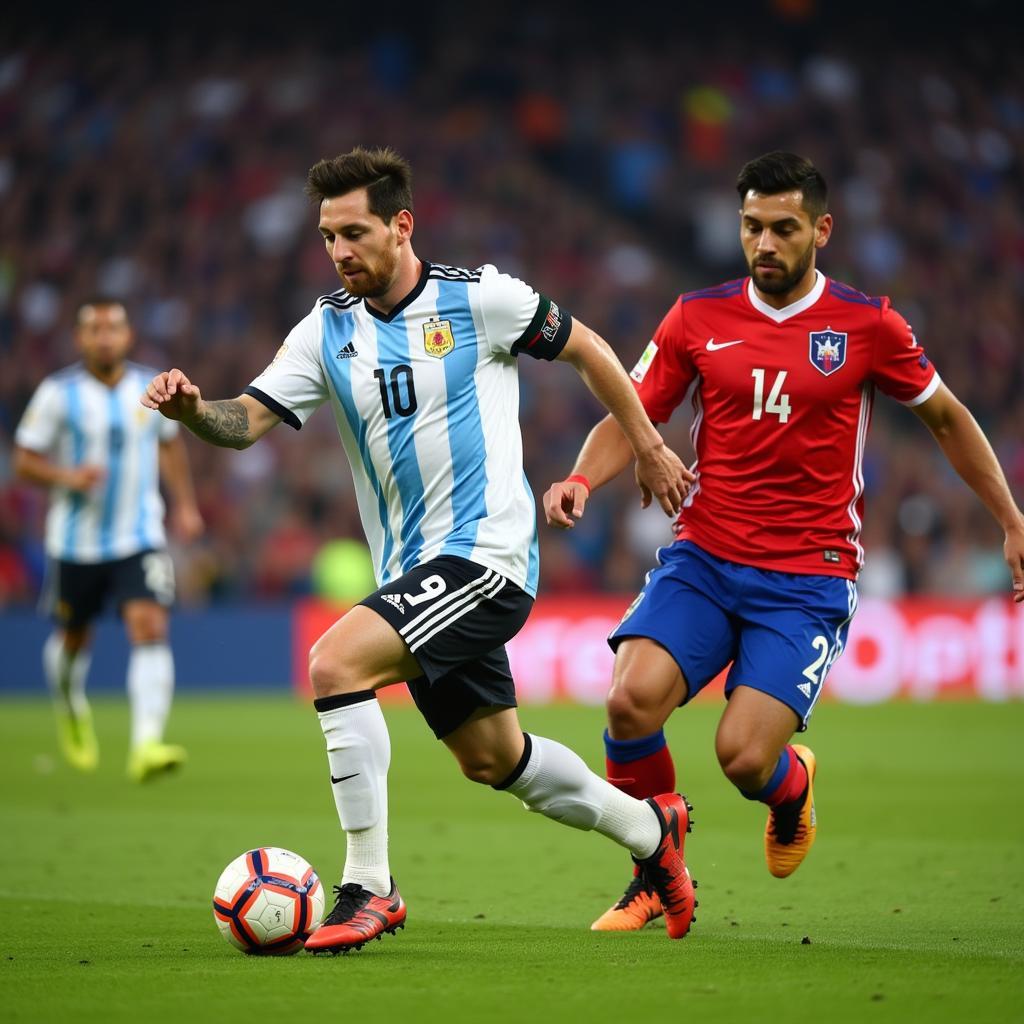 Lionel Messi dribbling past a Chilean defender