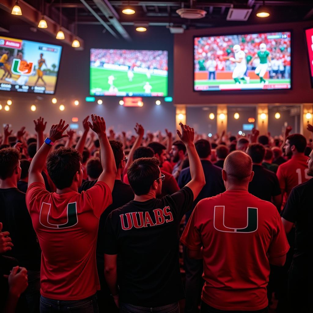 Miami Hurricanes football fans watching the game at a local sports bar