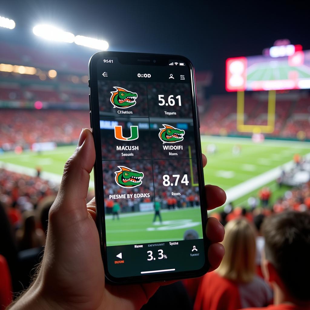 Miami Hurricanes football live score update on a mobile phone