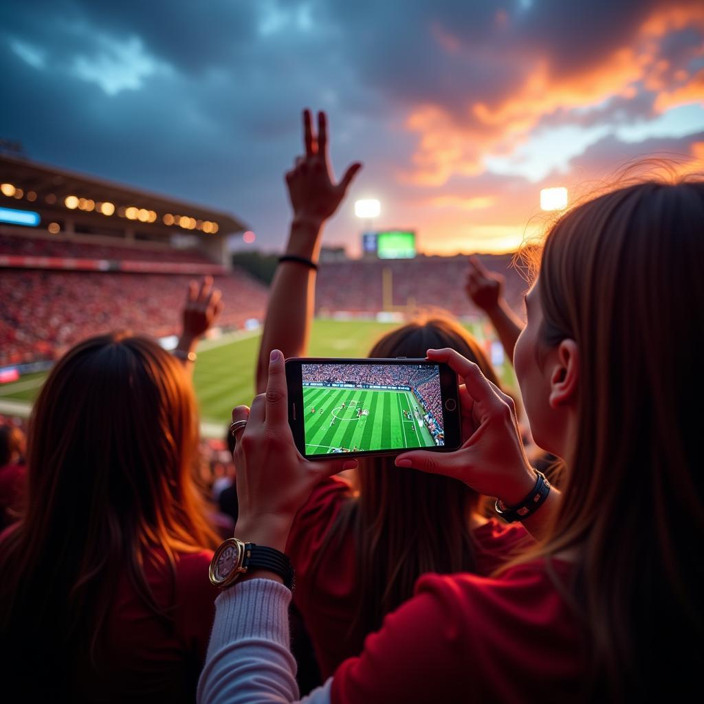 Fans watching college football on their mobile phones.