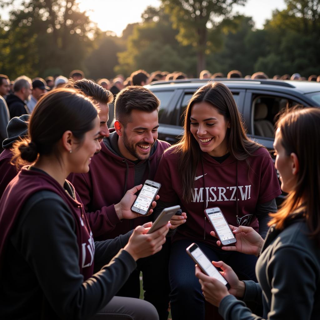 MSU Football Fans Checking Live Scores at a Tailgate