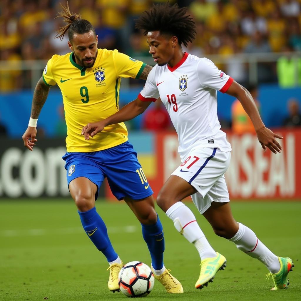 Neymar and Quintero competing for the ball during the live football match