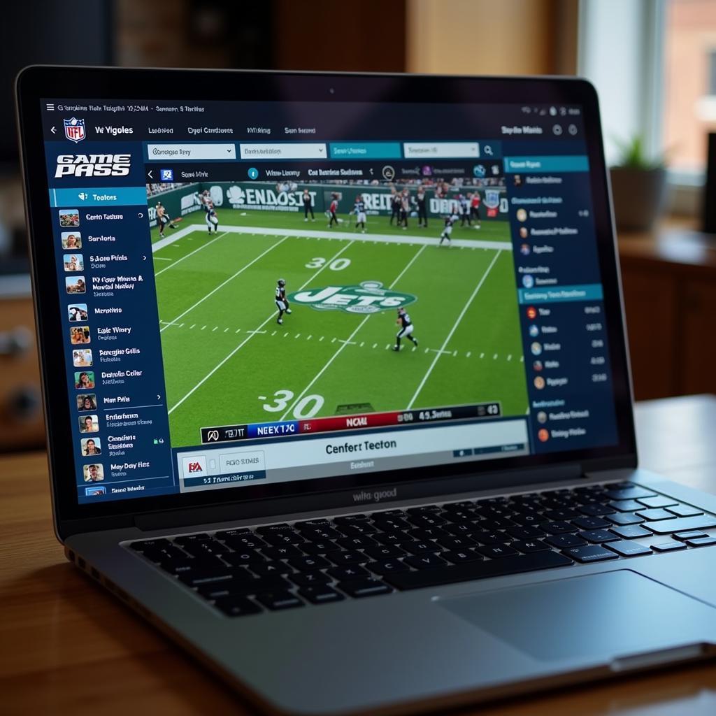 NFL Game Pass Interface showing a live NY Jets game on a laptop screen.