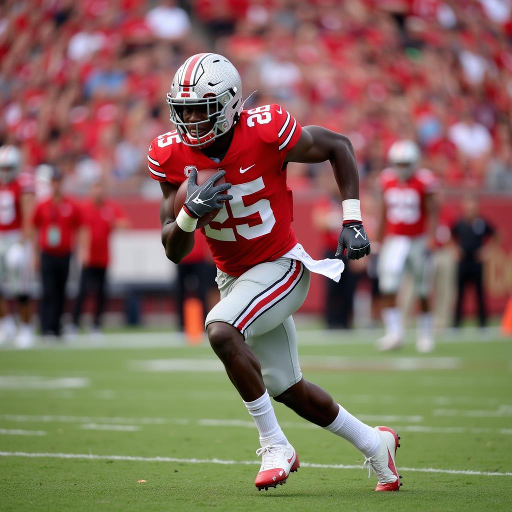 Ohio State Football player running with the ball during a live college football game.