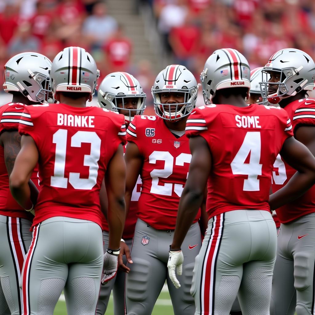 Ohio State Football team in a huddle during a live college football match.