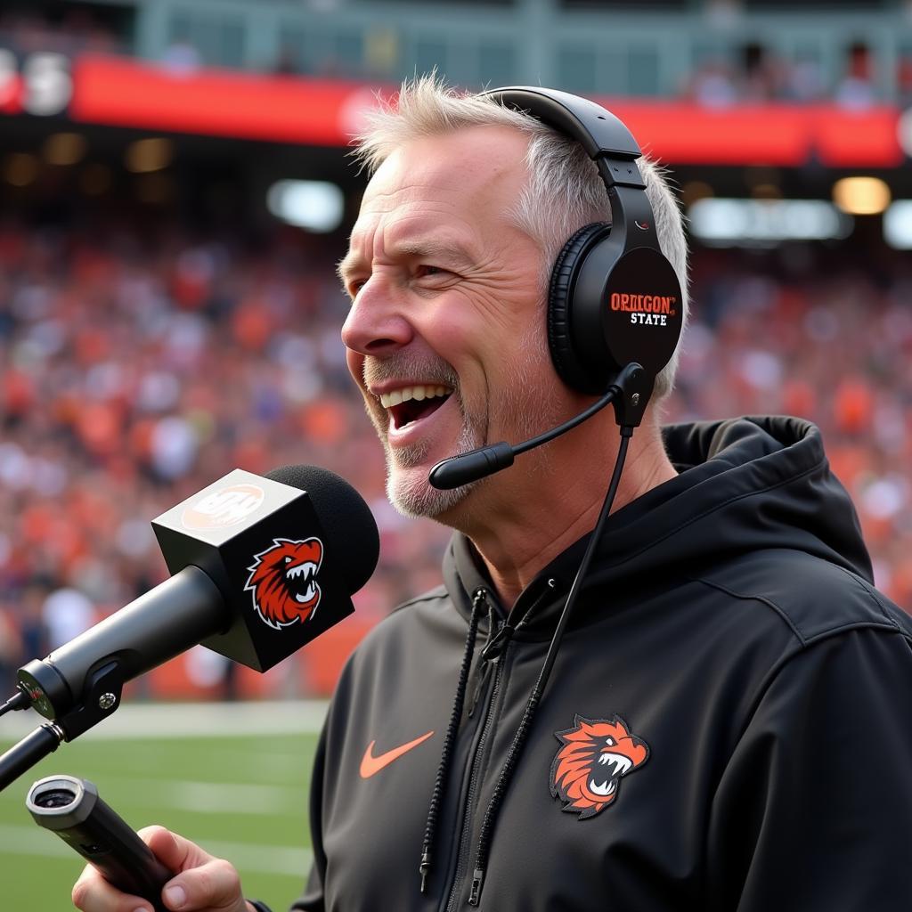 A radio commentator broadcasting an Oregon State Beavers football game.