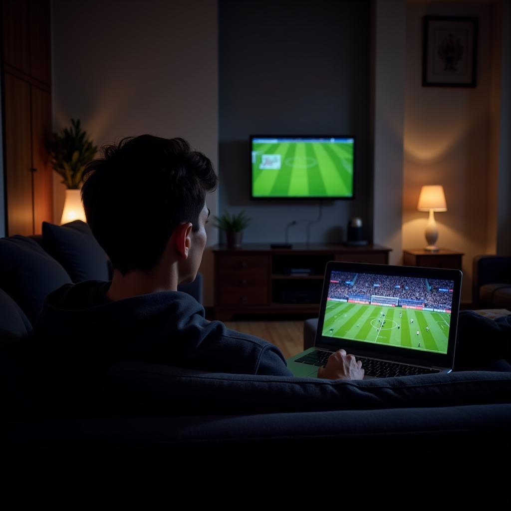 Individual Streaming Football on Laptop at Home