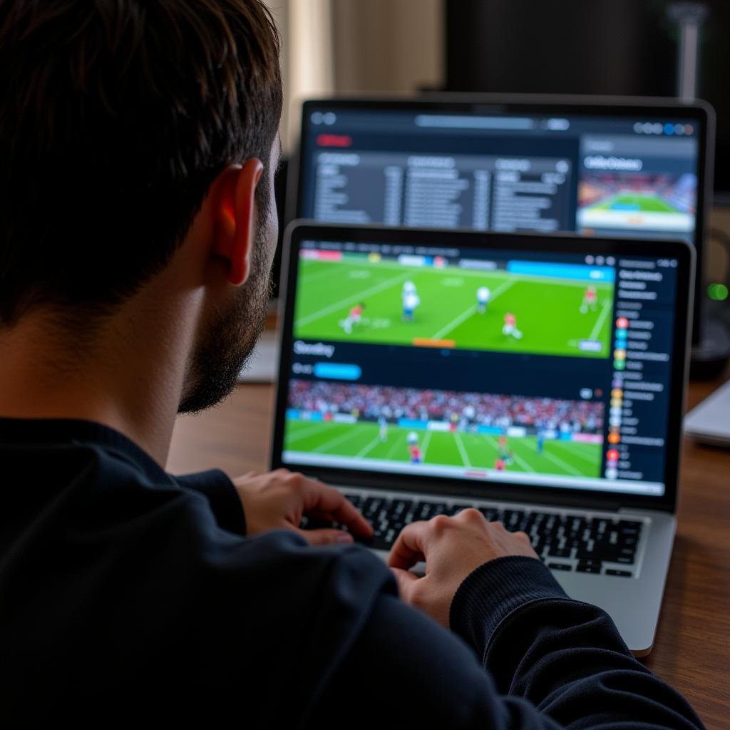 Person watching American Football on a laptop with live score updates