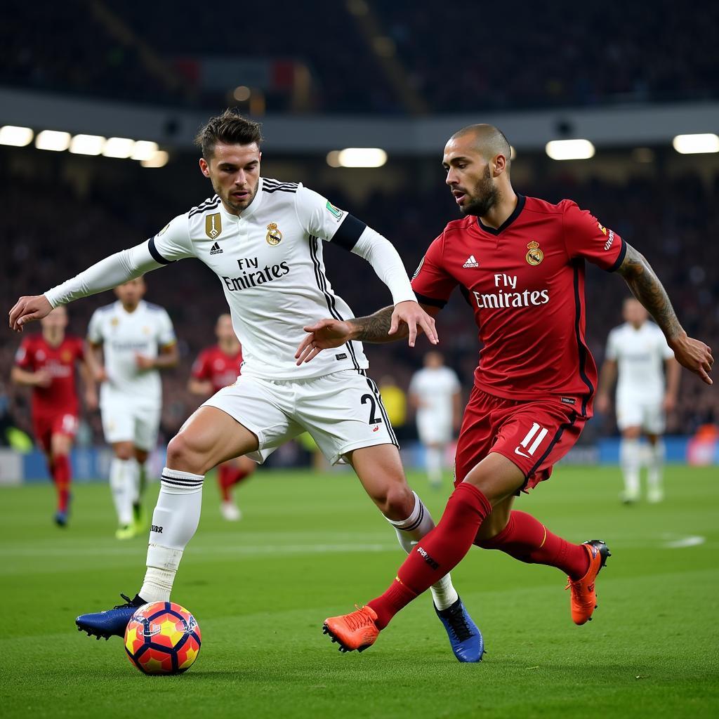 Real Madrid and Juventus players battling for the ball in a tense Champions League match.