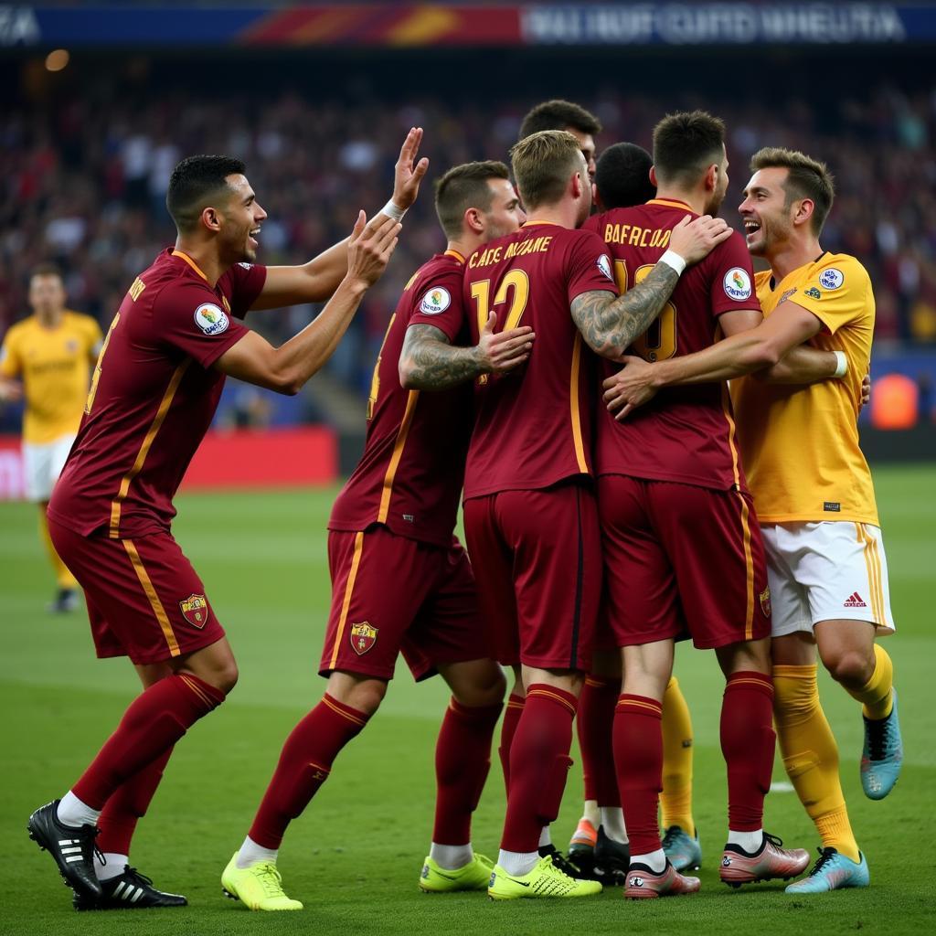 Roma players celebrating their historic comeback against Barcelona in the Champions League quarter-final