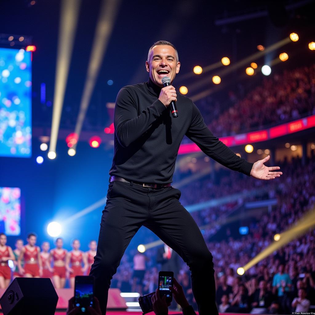 Robbie Williams performing at the 2018 World Cup opening ceremony.