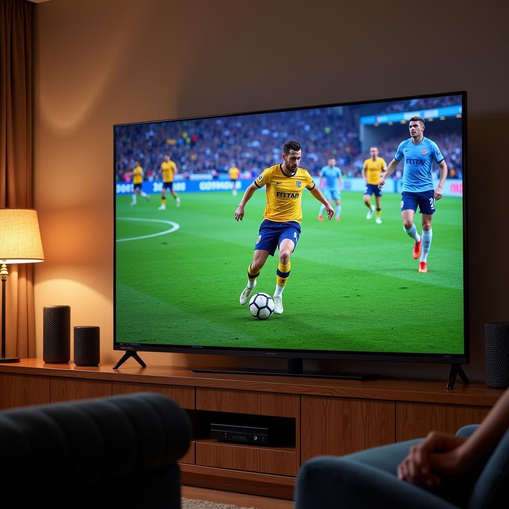 A smart TV displaying a live football match streamed via an app, showcasing the immersive experience.